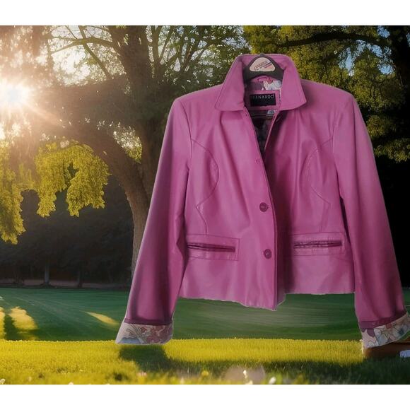 Bernardo Pink Petunia Leather XL Fitted Moto/Barbie SPRING Jacket Floral Lining - Picture 1 of 14
